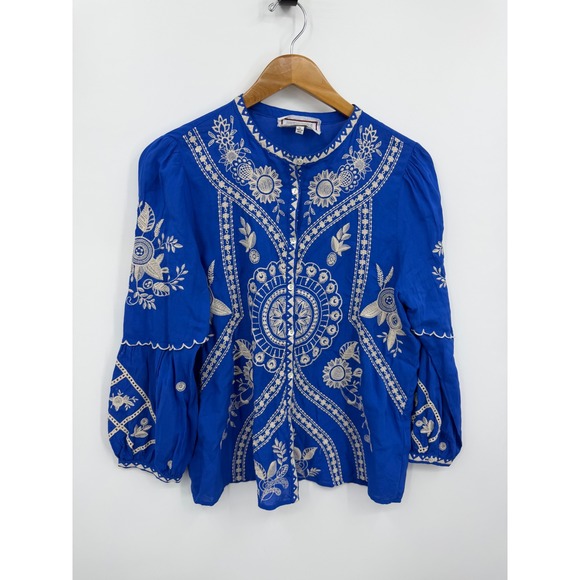Johnny Was Tops - Johnny Was Workshop scalloped Embroidered Blouse Women M Blue Button Front Modal